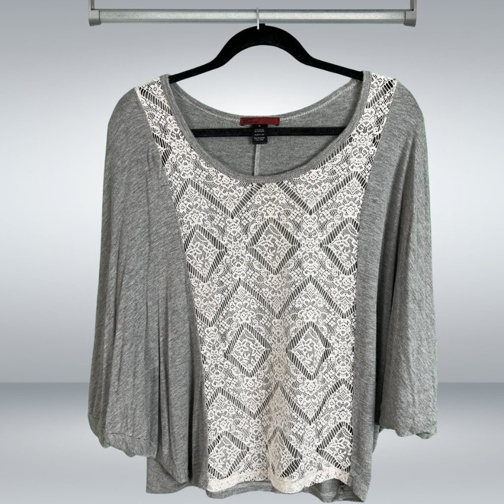 BKE heathered grey batwing tunic top with mesh lace front without lining.